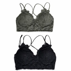 Wishlist Floral Lace Bralette Set Crisscross Back Black Olive Size M Boho Layer